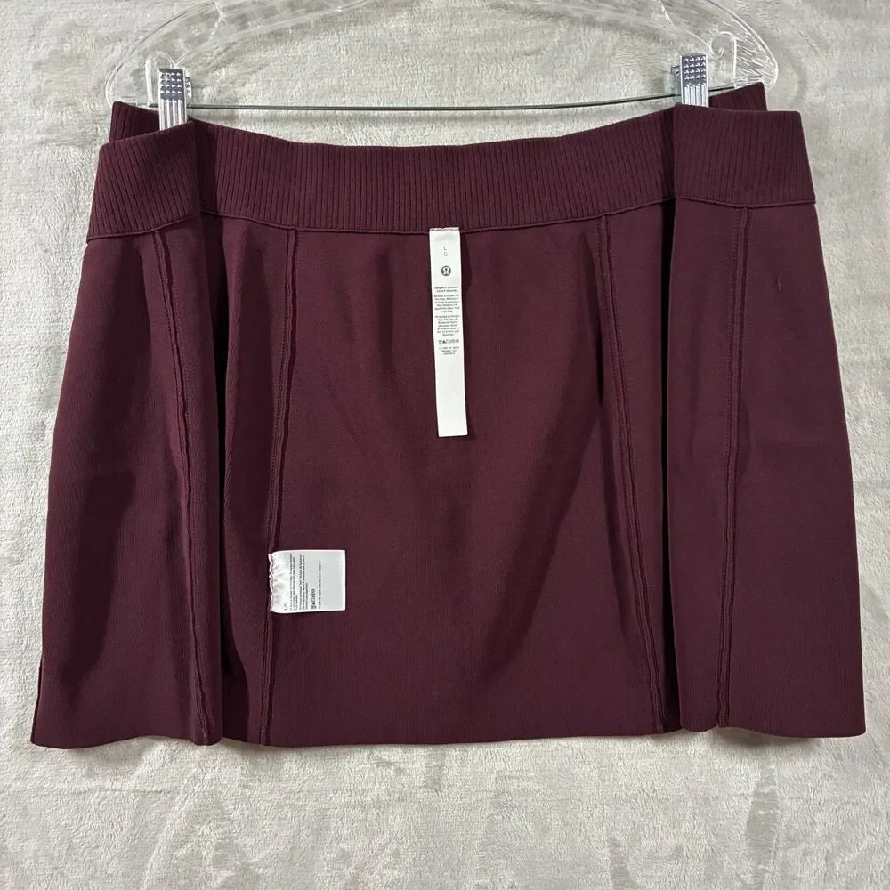 Lululemon Ribbed Knit Mini Skirt L Front Zip Garnet Burgundy Stretch Athleisure